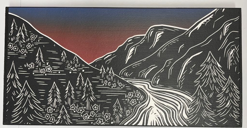 Handmade Original, Linoleum Block Print, Mountain Landscape 